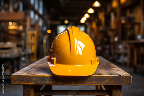 construction helmet on a wooden table. 