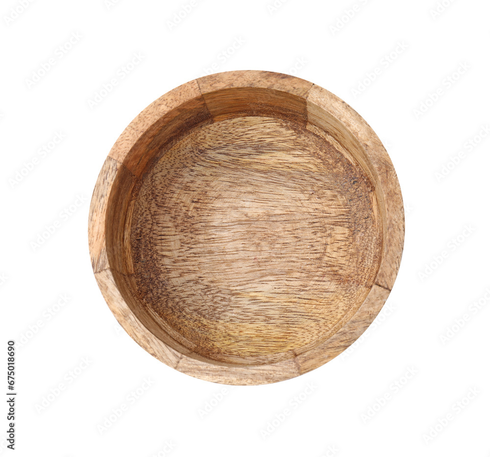 One wooden bowl isolated on white, top view. Cooking utensil One wooden bowl isolated on white, top view. Cooking utensil