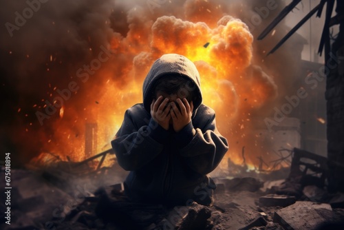 a little boy is crying covering his face with his hands against the backdrop of a war explosion photo