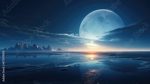 AI generated illustration of a stunning full moon illuminating a serene ocean landscape © Wirestock