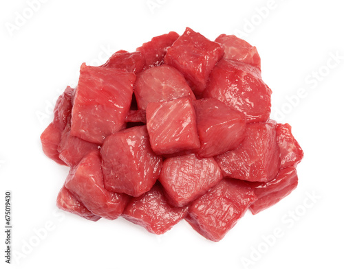 Pieces of raw beef isolated on white, top view