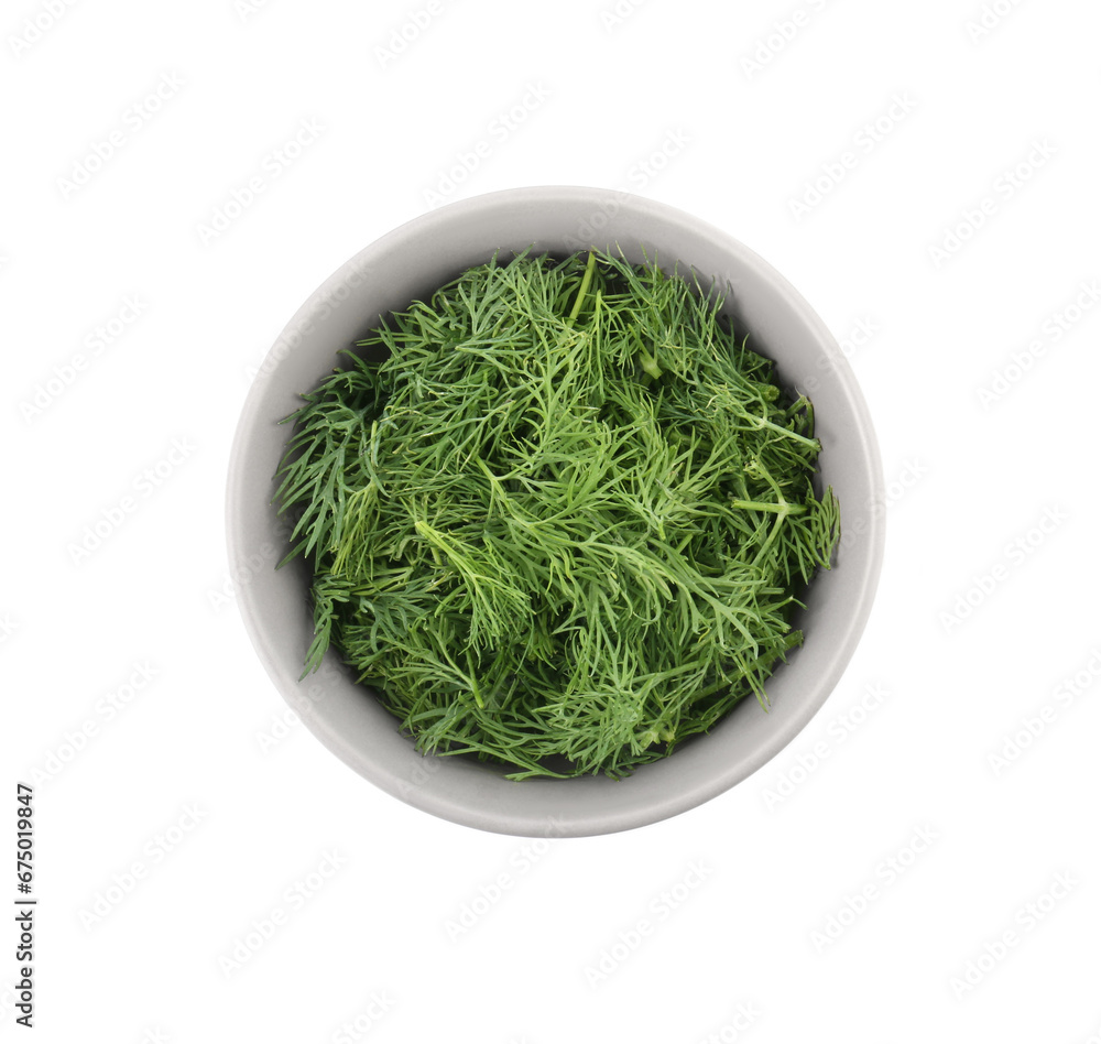 Bowl of fresh dill isolated on white, top view
