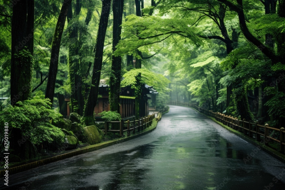 AI generated illustration of a rain-soaked road winding through a wooded area AI generated illustration of a rain-soaked road winding through a wooded area