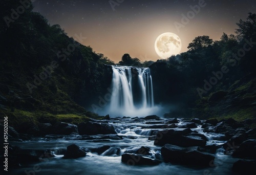 AI generated illustration of a majestic waterfall illuminated by the full moon