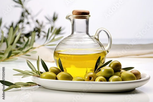 Bottle of olive oil and green olives with leaves
