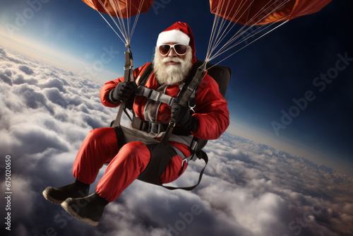 Santa Claus leaping from an airplane with a parachute, demonstrating his fearless approach to extreme sports.