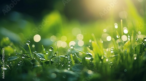 AI generated illustration of a lush green grassy field with dewy water droplets