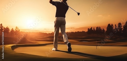 Arabic Male Golf Tour Pro On Fairway Golfing At Dusk Generative AI