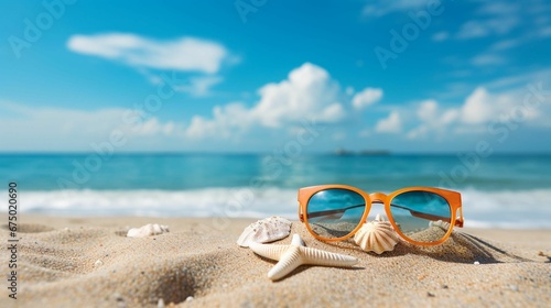 AI generated illustration of a pair of sunglasses lying on a sandy beach with a starfish nearby