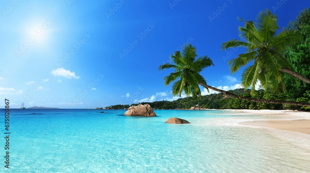 Scenic view of a tranquil, sandy beach and turquoise blue ocean waters - obrazy, fototapety, plakaty 