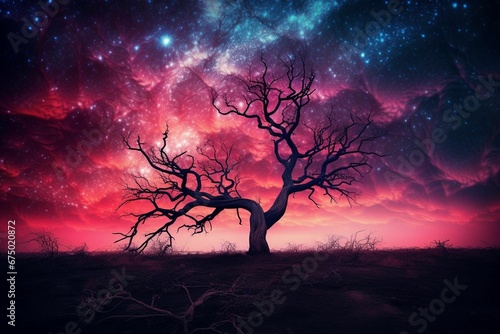 AI generated illustration of a single tree silhouetted against a starry night sky