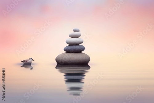 AI generated illustration of a stack of stones balanced on each other on the calm pond