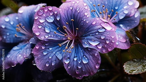 AI-generated illustration of several water droplets resting on vibrant blue and purple flowers