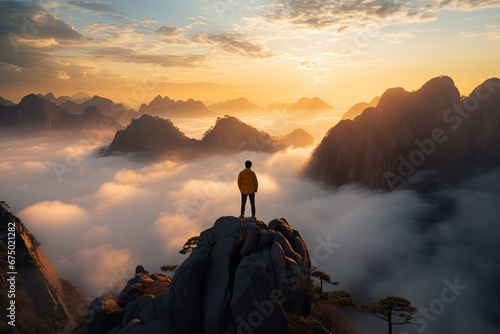 man up on a mountaintop in clouds looking towards sunset.