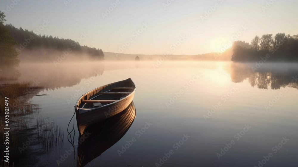 AI generated illustration of a small wooden boat on a tranquil lake during the sunrise