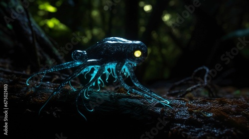 AI generated illustration of a mysterious extraterrestrial octopus in a serene forest setting photo