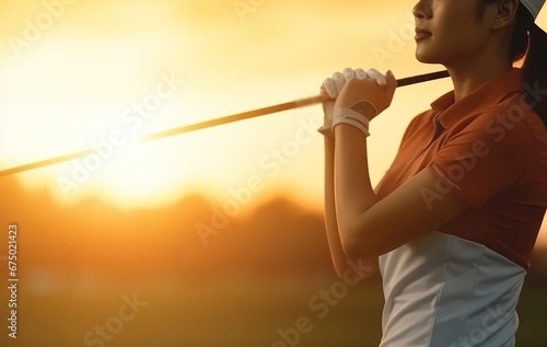Asian Female Golf Tour Pro On Felt Playing Golf At Sunset Generative AI