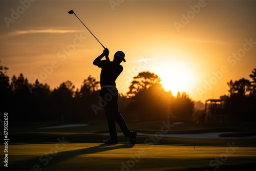 Asian Male Pro Golfer On Golf Course Golfing At Sunset Generative AI