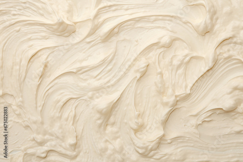 Close up detail of milk vanilla white creamy ice cream surface and texture is swirled and mixed, abstract background and wallpaper. Generative AI. photo