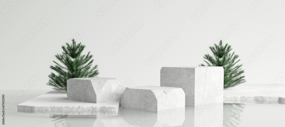 White stone product display podium with water reflection and pine tree. Christmas concept. 3D rendering - obrazy, fototapety, plakaty 