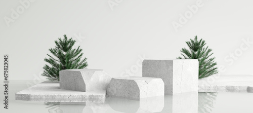White stone product display podium with water reflection and pine tree. Christmas concept. 3D rendering © nawapon