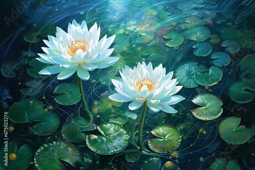 Picturesque pond with a group of white lotus flowers blooming in the center, AI-generated.