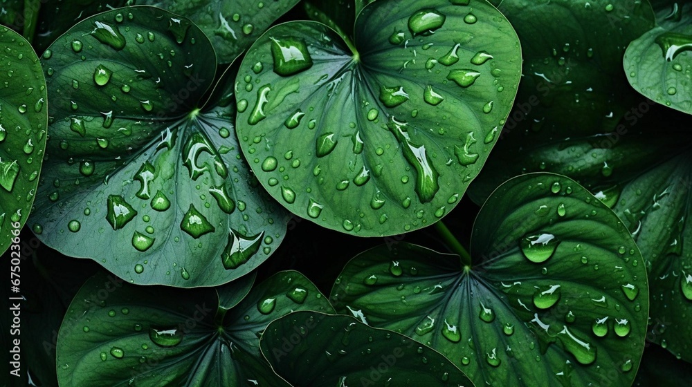 Vibrant, lush, green foliage with water droplets scattered across the leaves, AI-generated. Vibrant, lush, green foliage with water droplets scattered across the leaves, AI-generated.