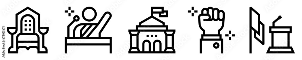 Conjunto de iconos de presidente. Gobierno y política. Silla presidencia, informe comunicativo, edificación, mano de apoyo, pódium. Ilustración vectorial Conjunto de iconos de presidente. Gobierno y política. Silla presidencia, informe comunicativo, edificación, mano de apoyo, pódium. Ilustración vectorial