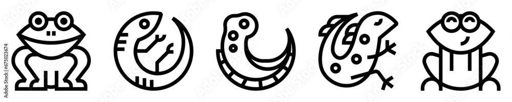 Conjunto de iconos de anfibios. Animales vertebrados. rana, salamandra, renacuajo, tritón, sapo. Ilustración vectorial Conjunto de iconos de anfibios. Animales vertebrados. rana, salamandra, renacuajo, tritón, sapo. Ilustración vectorial