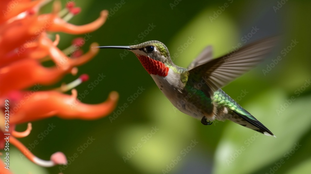 AI generated illustration of a small hummingbird  mid-flight while near a vibrant flower