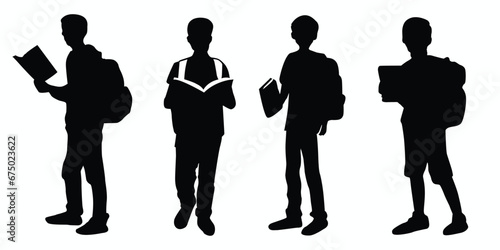 A set of young boy student with book and backpack silhouettes vector