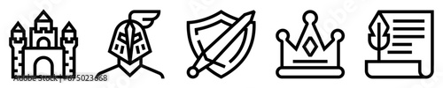Conjunto de iconos de medieval. Edad media. Castillo, caballero, soldado, espada con escudo, corona real, pergamino. Ilustración vectorial photo