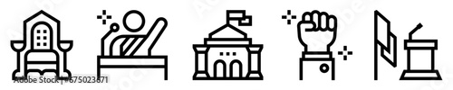 Conjunto de iconos de presidente. Gobierno y política. Silla presidencia, informe comunicativo, edificación, mano de apoyo, pódium. Ilustración vectorial