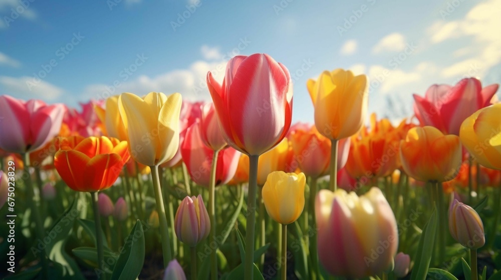 Colorful field of tulip flowers, AI-generated.