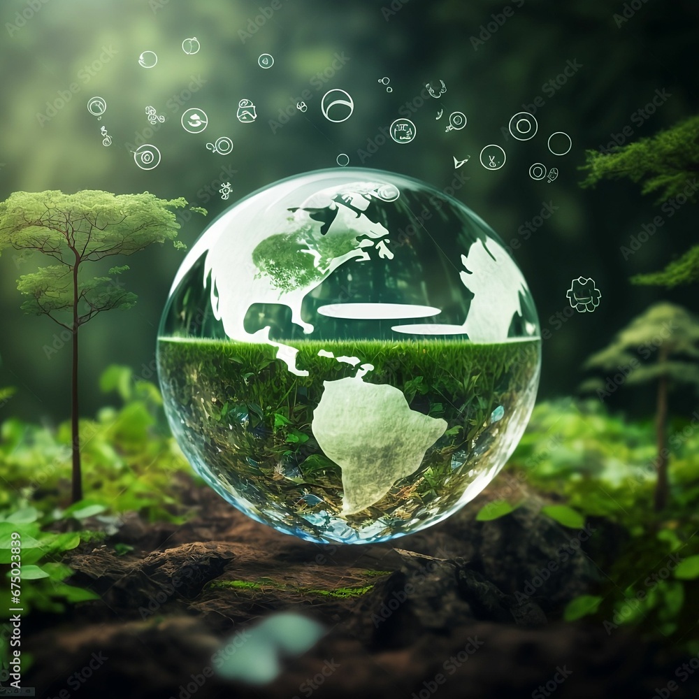 AI generated illustration of a liquid globe reflecting the surrounded lush trees and foliage AI generated illustration of a liquid globe reflecting the surrounded lush trees and foliage