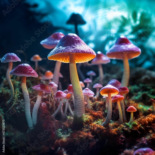 AI generated illustration of a vibrant cluster of small mushrooms growing in a moss-covered soil