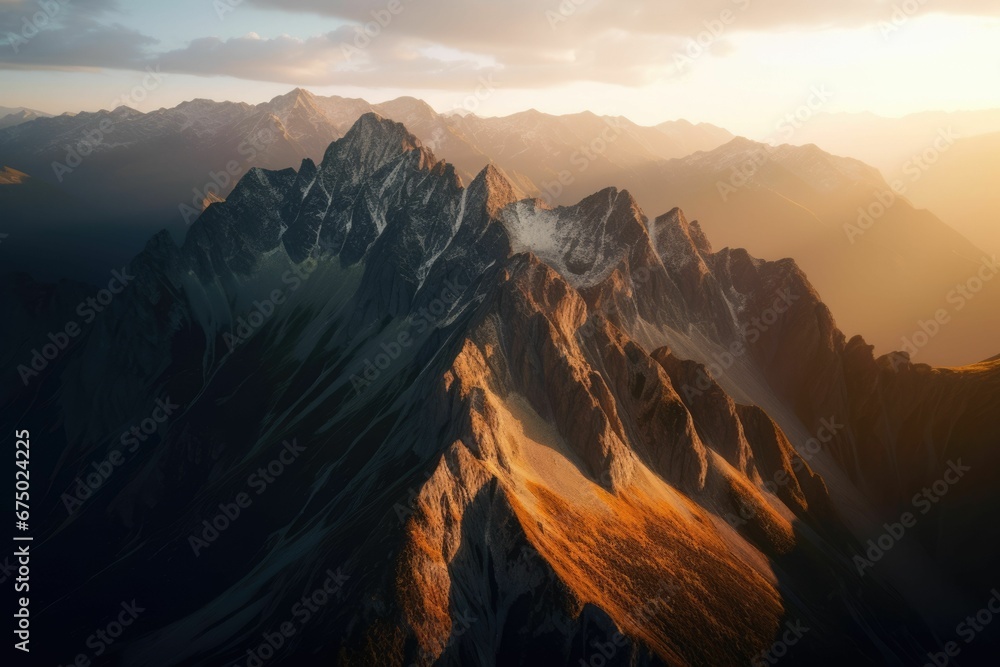 AI generated illustration of snow-capped mountains illuminated by a bright, golden sun