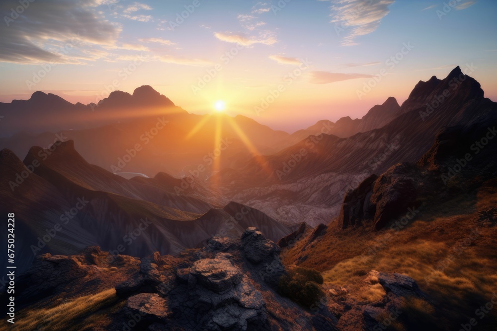 AI generated illustration of A stunning sunrise is seen over a majestic mountain range