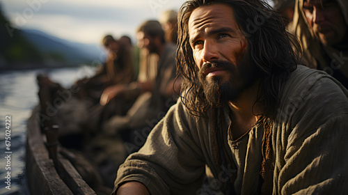 Jesus Christ is fishing with fishermen. Christian religious background
