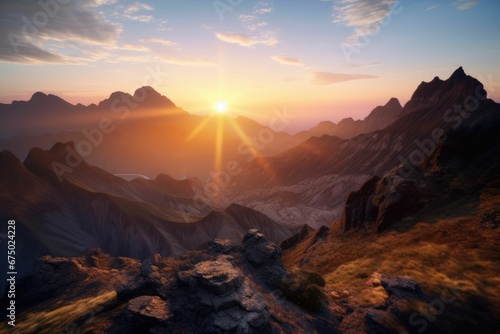 AI generated illustration of A stunning sunrise is seen over a majestic mountain range © Wirestock