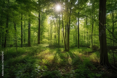 AI generated illustration of sunbeam piercing through a lush green forest filled with tall trees