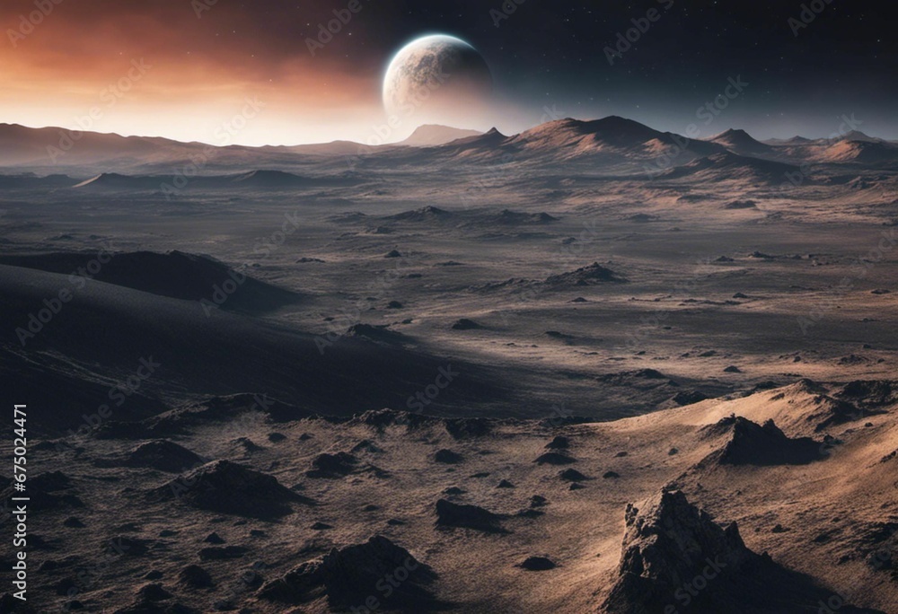 an alien landscape with a distant moon in the distance in this render image