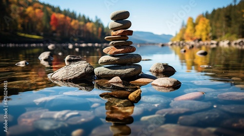 AI generated illustration of multiple rocks stacked atop each other in the lake
