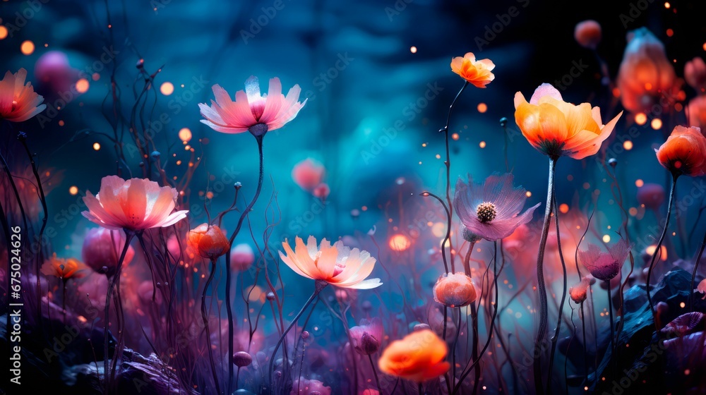 AI generated illustration of glowing pink flowers