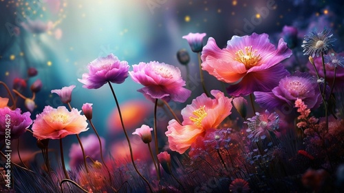 AI generated illustration of glowing pink flowers