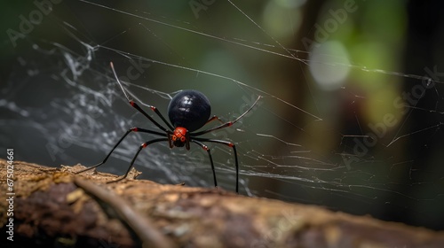 AI generated illustration of A close-up photo of a black widow spider in its web