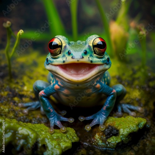 AI generated illustration of a cheerful green frog perched on top of lush green moss in a rainforest © Wirestock