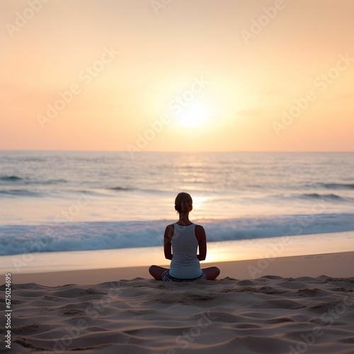 AI generated illustration of a female figure sitting in a meditative pose on a beach