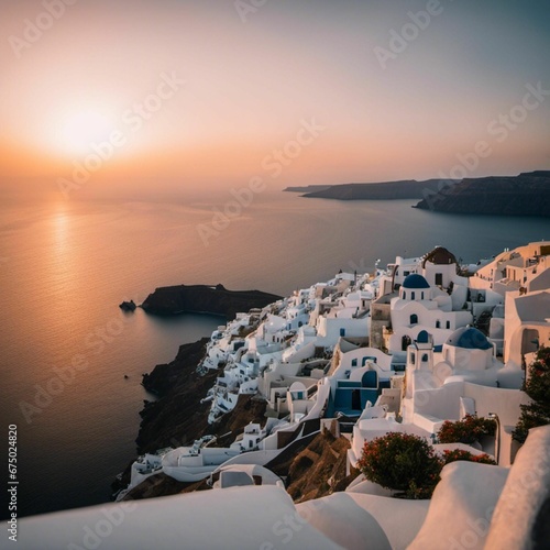 AI-generated illustration of white buildings and the sun on a rocky cliff with a blue sea