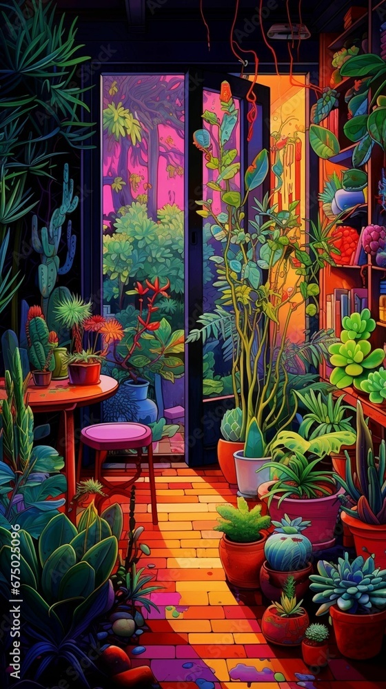 Array of colorful potted plants set in a cheerful living space, AI-generated. Array of colorful potted plants set in a cheerful living space, AI-generated.